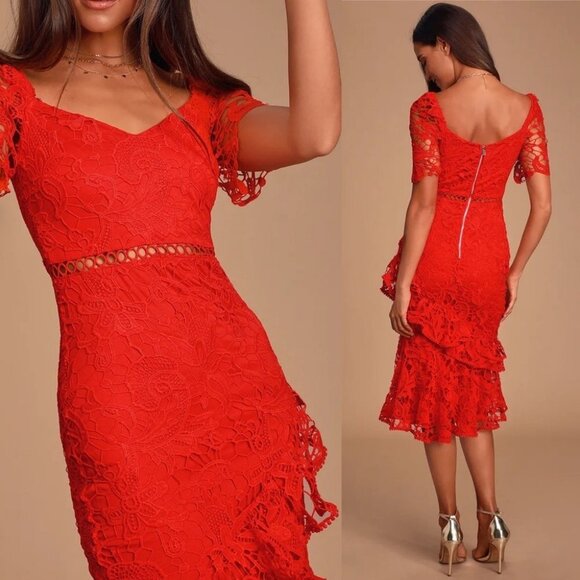 Lulus Briarwood Lace Ruffle Midi Dress Red Womens Size XS Midi Sexy Romantic NEW - Picture 10 of 10